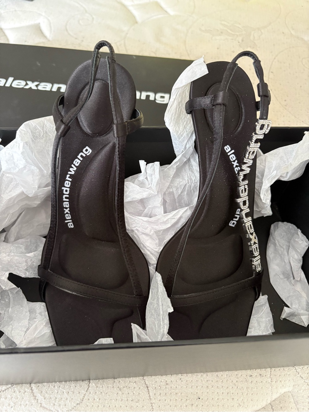 Alexander Wang Black Logo Slingback Sandals with Crystal Strap